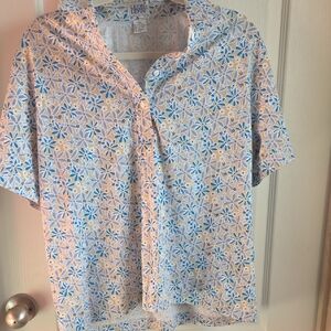 Leon Levin Women's Floral Short Sleeve Blouse - Blue and White